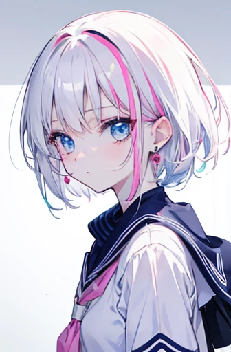 Anime, girl, teenage, short hair, white hair, plae blue eyes, cool, earrings, high school girl, pinkish white skin,