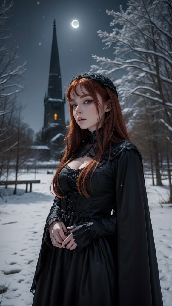 Gothic redhead woman, resting on the shore of an ancient tower, The full moon night, as the snow falls, with trees in the background
