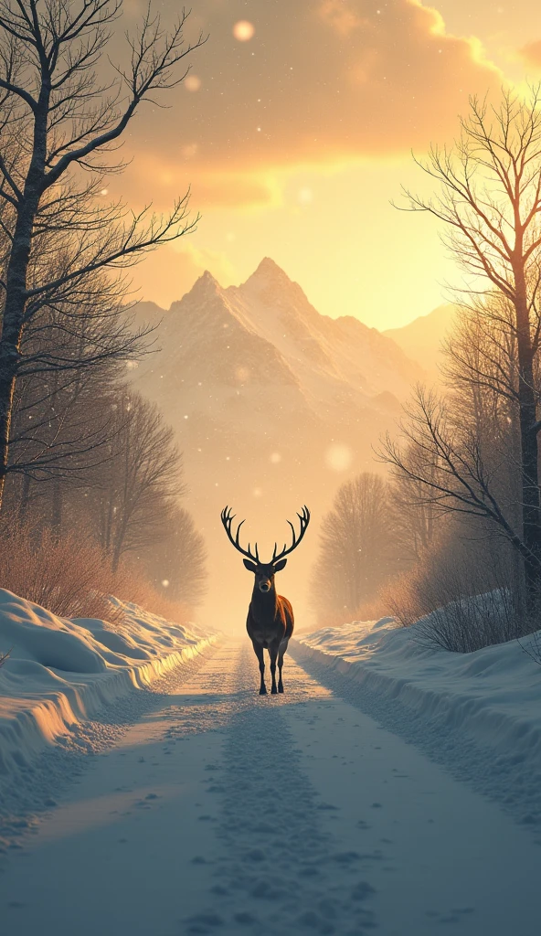snow landscape, Back shadow, The scene is, solo , golden deer standing in far, look around, one side Golden sky, Go into the distance, Heavy snowfall, Roads to distant places, Trees wither in winter, blanketed in a mantle of snow, Winter tones, somber mood, The vista is a mountain,(Snowflakes drift in the endless sky),8k wallpaper,cinema4d,Cinematic lighting effects, light and shadow effect, Tyndall, rendering by octane, White balance, Unreal 5,Extremely detailed picture, light particles, depth of fields, masterpiece, realisticlying