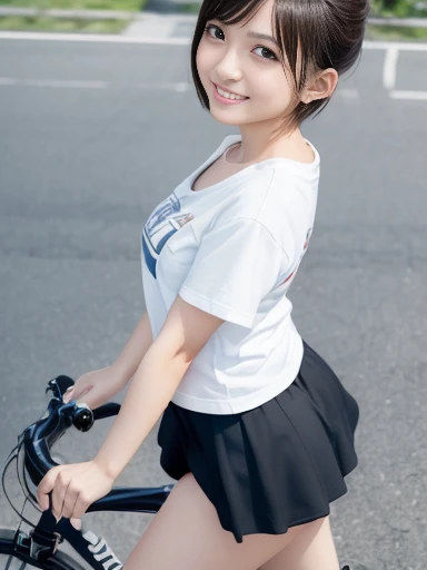 Japanese female, (underweight), (medium bust best quality:1.0), 30 years old, (cheerful grin:1.3),
road, town, (riding bicycle:1.2), short hair, (t-shirt), (mini skirt), (white underwear), full body shot, ((from front)), (low angle shot:1.5),