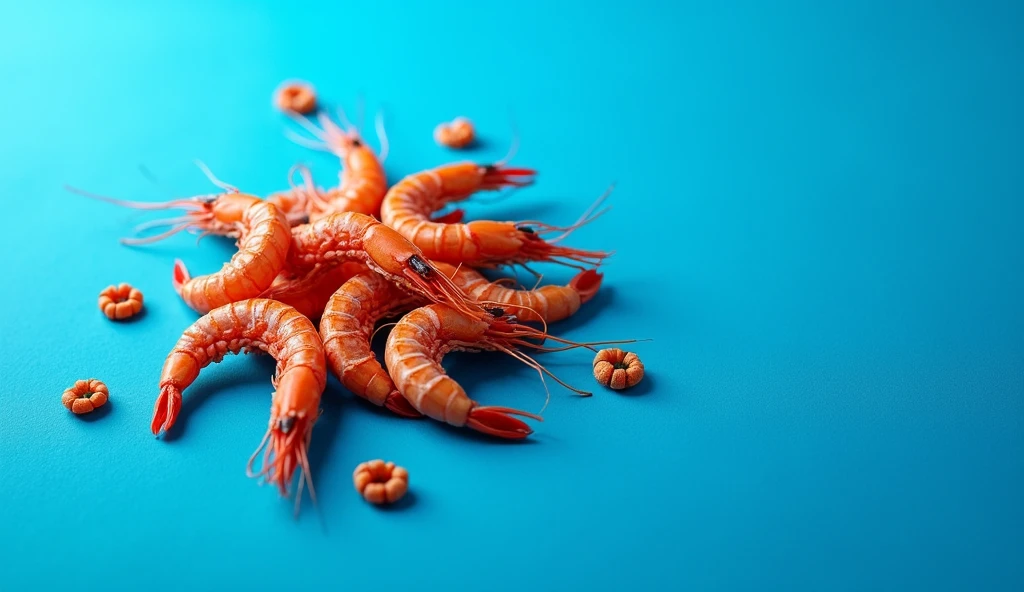 Create a horizontal banner image: 1920px and height: 1080px of dried shrimp in bright ocean blue, The banner image has a few small dried shrimps in the corner of the banner., pack. Bright ocean blue banner takes up most of the image area.