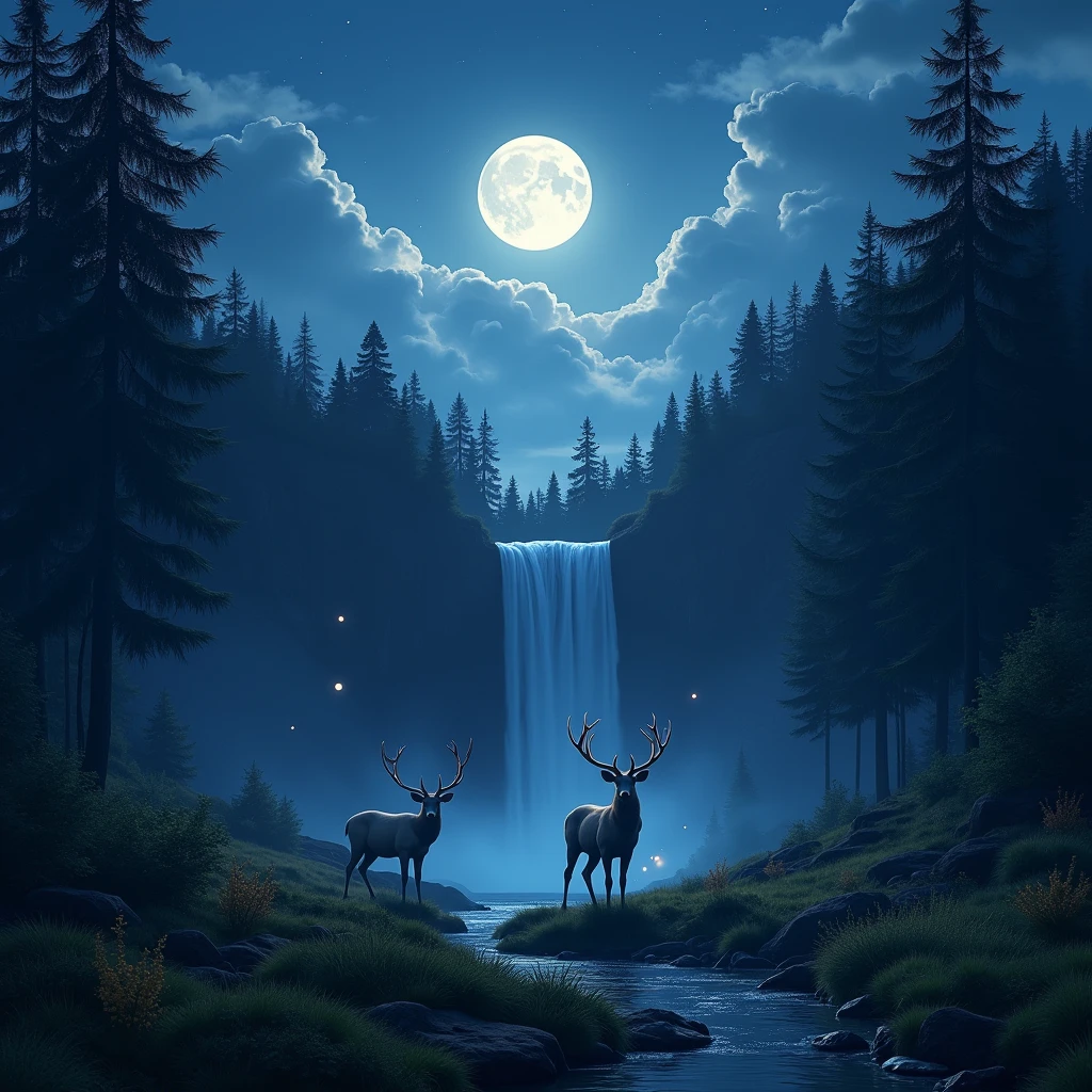 landscape, night, Sky, cloud, Dense forest, Beautiful waterfall, firefly, moonlight, Albino deer, (best quality,4K,8k,highres,masterpiece:1.2),ultra-detailed,(realistic,photorealistic,photo-realistic:1.37)