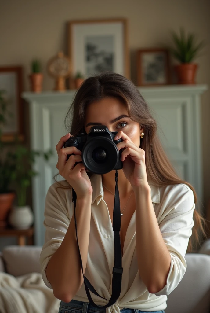 A woman taking a photo of herself in her house
