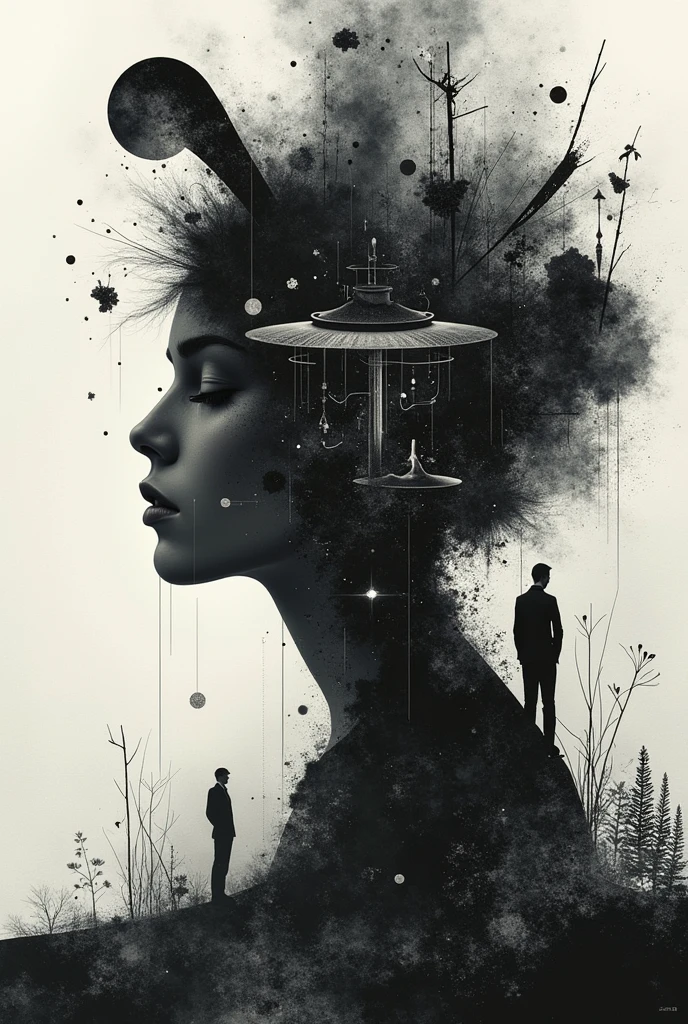 Abstract or surreal collage in black and white with a high minor tonal key