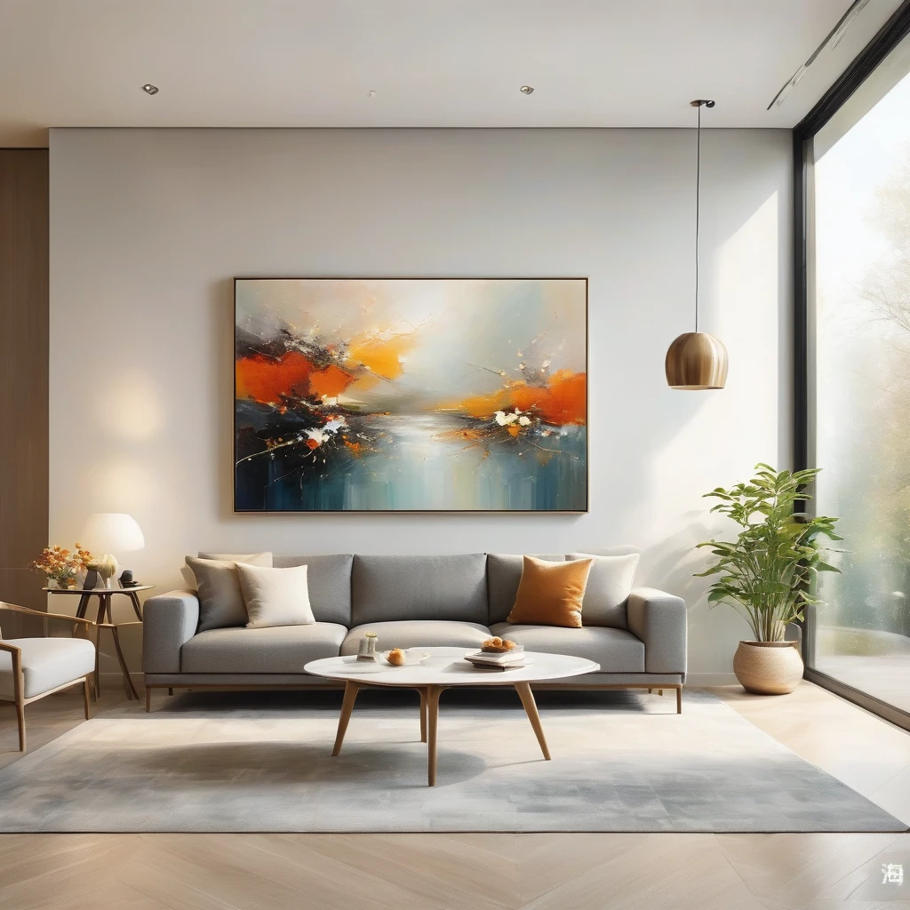 A modern living room with a cozy sofa and a low coffee table,abstract art paintings hanging on the wall,minimalist decor in whites and greys,natural light pouring through floor-to-ceiling windows,high-quality picture of a contemporary interior design,sharp focus,detailed textures.,fangzi