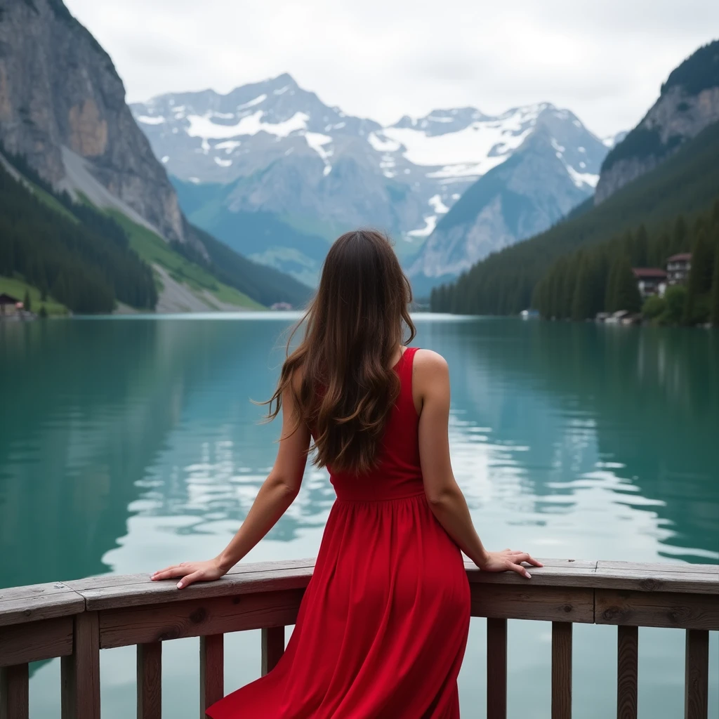 a woman in a red dress standing on a railing overlooking a lake, with mountains in the background, with mountains in background, mountains in the background, in the mountains, paradise in the background, with mountains as background, in mountains, girl of the alps, in the swiss alps, lake in the background, in front of a forest background, moutain in background