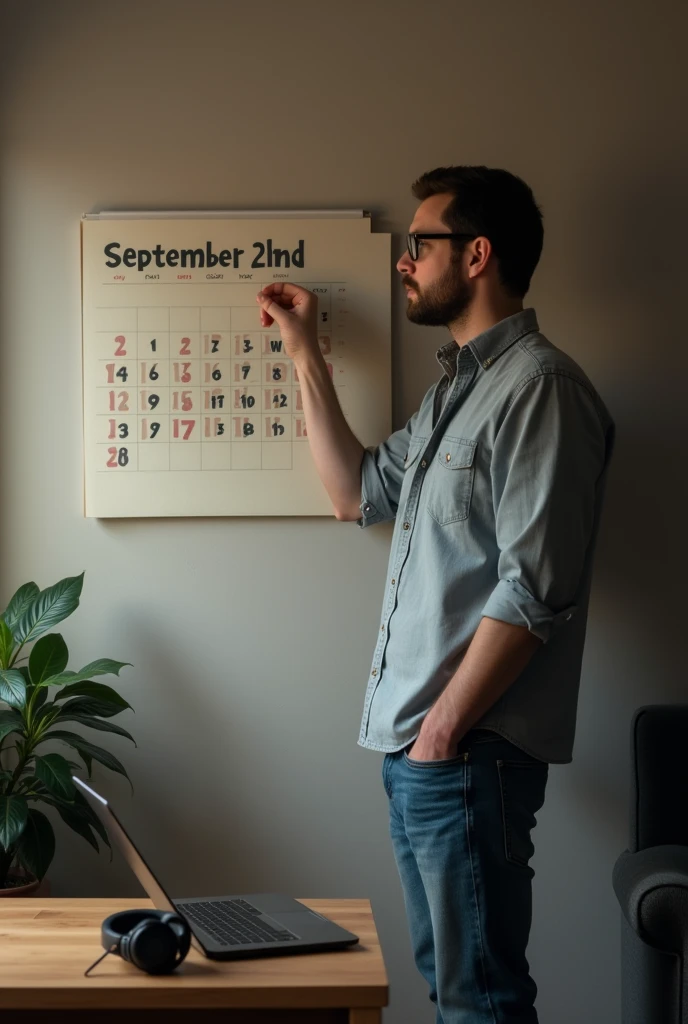 A man stands against the wall and looks at the calendar; the date on the calendar is September 2. There is a laptop and headphones on the table nearby. Home environment. The man is wearing a shirt and jeans. Realistic photo