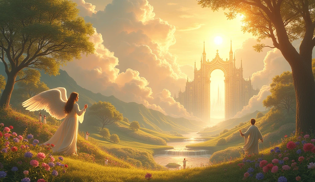 A breathtaking scene of heaven depicted as a serene, celestial landscape bathed in soft, golden light. The sky is filled with billowy, glowing clouds that seem to shimmer with a spectrum of pastel colors, including soft pinks, blues, and purples. The sun shines with a radiant glow, casting a warm, ethereal light over the entire scene.

In the foreground, there is a vast, lush garden with vibrant flowers of every color imaginable, arranged in harmonious patterns. Trees with silver and gold leaves sway gently in a calm, refreshing breeze. The trees are adorned with sparkling fruit, and their branches arch gracefully over pathways made of shimmering, crystalline material.

In the background, there are grand, ornate gates made of pure light, intricately designed with celestial patterns. Beyond the gates, an endless expanse of peaceful, rolling hills covered in velvety, emerald green grass stretches as far as the eye can see. Crystal-clear rivers and waterfalls flow gently through the landscape, their waters sparkling like diamonds under the heavenly light.

Angels with soft, glowing wings are gently floating above, their expressions serene and peaceful. They are dressed in flowing, white robes that seem to merge with the surrounding light. Some angels are playing harps and other celestial instruments, filling the air with a harmonious, tranquil melody. In the distance, a majestic, luminous city made of light and precious stones can be seen, with towers and spires reaching high into the sky, reflecting the golden light around them.

The overall atmosphere is one of absolute peace, love, and tranquility, where everything feels harmonious and in perfect balance, radiating a sense of eternal bliss.