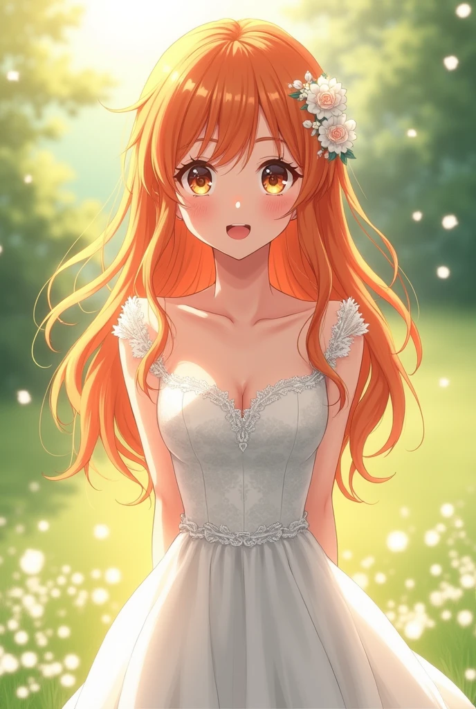 a woman about 2. She has orange hair, sparkling golden brown eyes, wearing a white wedding dress, she is a bride. anime character