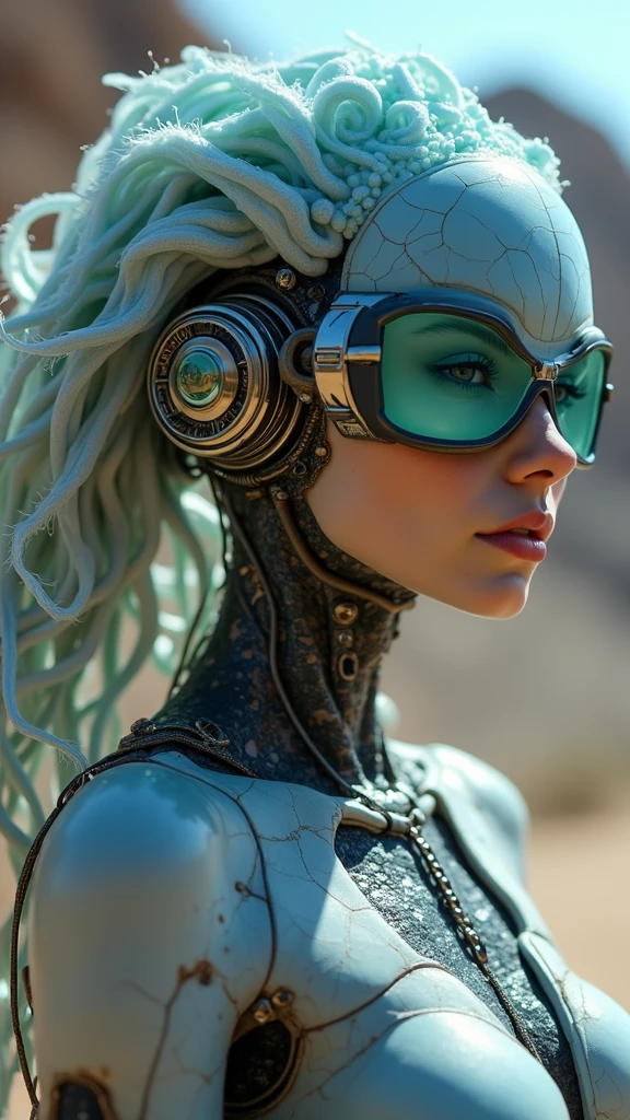 Ethereal Cyborg Woman, (bioluminescent jellyfish tiara:1.4) . Steampunk goggles merge with translucent tentacles. Cracked porcelain skin meets iridescent scales. (Mechanical implants and delicate tendrils intertwine:1.4) . Human characteristics with an otherworldly glow. Dreamy aquatic tones contrast with aged metal. Reflective eyes capture invisible worlds. Gentle bioluminescence meets a harsh desert landscape. Fusion of organic and synthetic, ancient and futuristic. Hyper-detailed textures, surreal atmosphere., high quality, (RAW photo, best quality), (realistic, photorealistic: 1.4), (extremely delicate and beautiful: 1.4), amazing, fine details, masterpiece, ultra detailed, high resolution, best illustration, best shadow, intricate, ( extremely intricate: 1.2), (exquisitely detailed skin), cinematic light, perfect anatomy, (cool color: 1.4), sharp focus, 8k UHD, DSLR, (Fujifilm XT3),(iluminación cinematográfica :1.4) 
