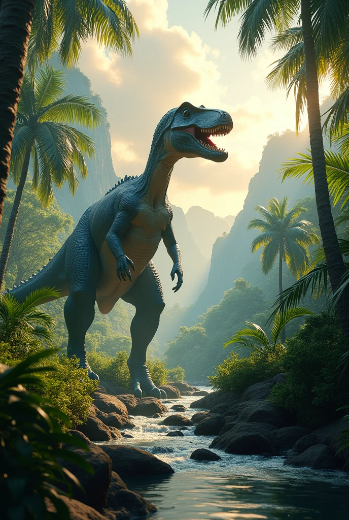 realistic dinosaur, jurassic, prehistoric, tropical forest, lush vegetation, towering trees, ferns, mossy rocks, flowing river, dramatic sky, cloudy, sunlight beams, cinematic lighting, photorealistic, ultra-detailed, 8k, masterpiece, concept art, vibrant colors, depth of field