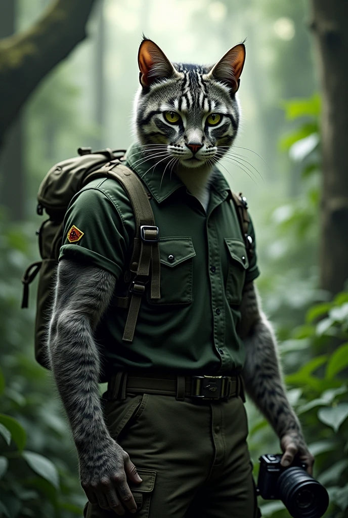 Gray tabby cat The body is a man.  Has a third eye in the middle of his forehead and wears military-style clothes. Dark green shirt, carrying a backpack, camera in hand. The backdrop is a rainforest.