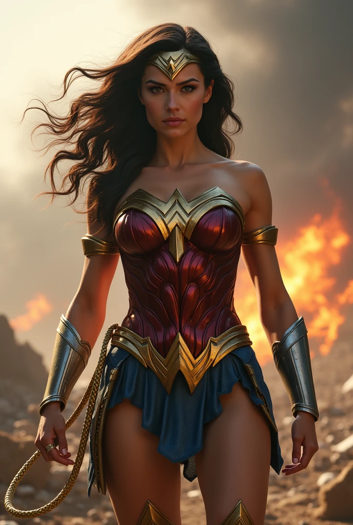 a realsitic beautiful wonder woman in war cinematic