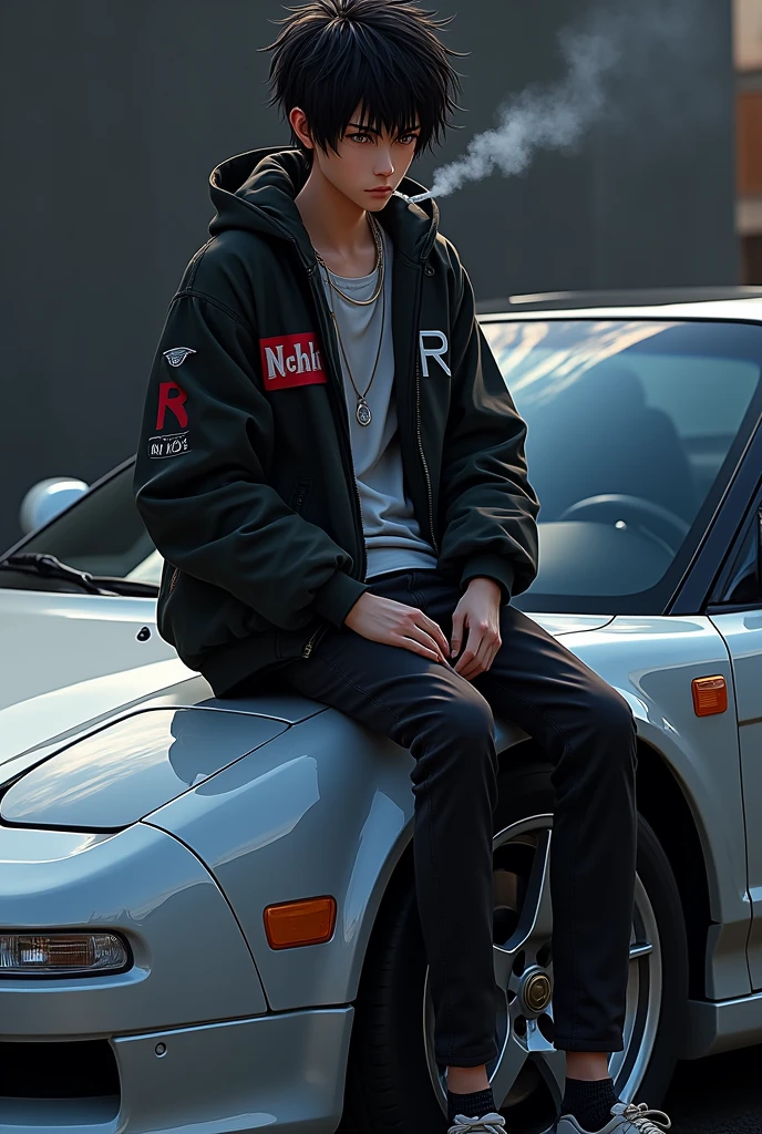 landscape a close up of a boy sitting on a car HONDA NSX R with name NICHI on jacket, smoking, realistic artstyle, realism artstyle, e - boy, e-boy, realistic art style, striking detailed artstyle, photorealistic artstyle, photorealistic!!!!!!! art style, [ 4 k digital art ]!!, dark but detailed digital art