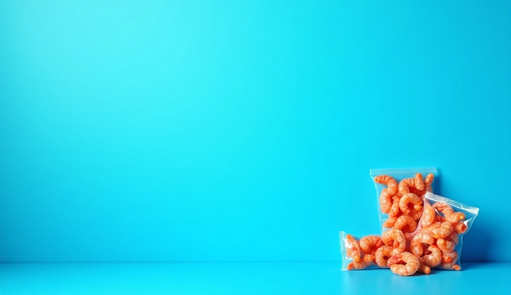 Create a horizontal banner image: 1920px and height: 1080px of dried shrimp in bright ocean blue, The banner image has a few small packages of dried shrimp in the corner of the banner.. Bright ocean blue banner takes up most of the image area.