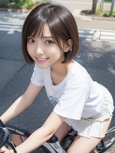 Japanese female, (underweight), (medium bust best quality:1.0), 30 years old, (cheerful grin:1.3),NSFW,
road, town, (riding bicycle:1.2), short hair, (t-shirt), (mini skirt), (white underwear), full body shot, ((from front)), (low angle shot:1.5),