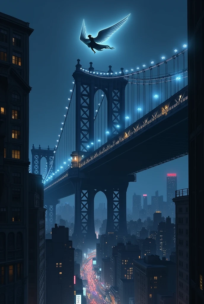 The image is anime style cowboy bebop and Darker than black with shadows and dim lights, anime style although somewhat adult and dark, It shows a huge city with a huge bridge that goes to the sky.. High up and far away, over the bridge, A female angel is seen flying naked
