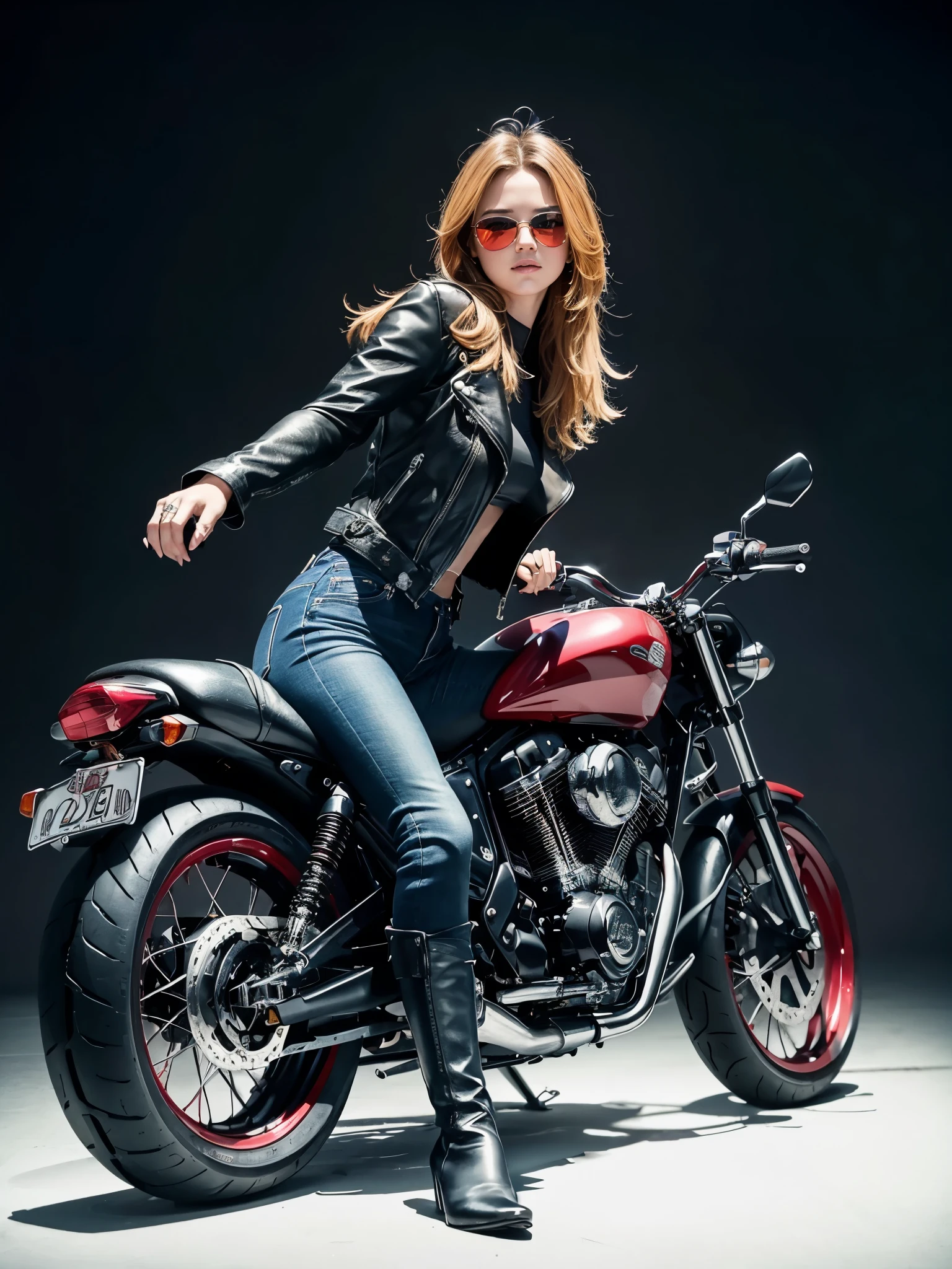 A long-legged bad girl riding a red bike