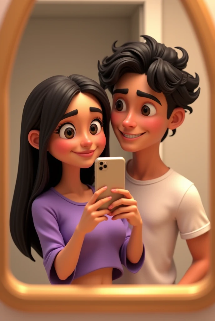 Pixar-style image of a couple taking a photo in the bathroom mirror, The woman is smiling and taking the photo with her cell phone, She is wearing a purple blouse , el joven tiene cabello rizado dark colored, with a cut that leaves the sides shorter and volume on top. He has a slim build and is wearing a white T-shirt.. His skin tone is light, and although it is in profile, You can see that he is taller than the young woman.
The young woman has long, straight hair., dark colored. Her skin is also light. She is wearing a short T-shirt that reveals part of her abdomen., and appears to be wearing dark shorts. He has a slim build and is smiling broadly.