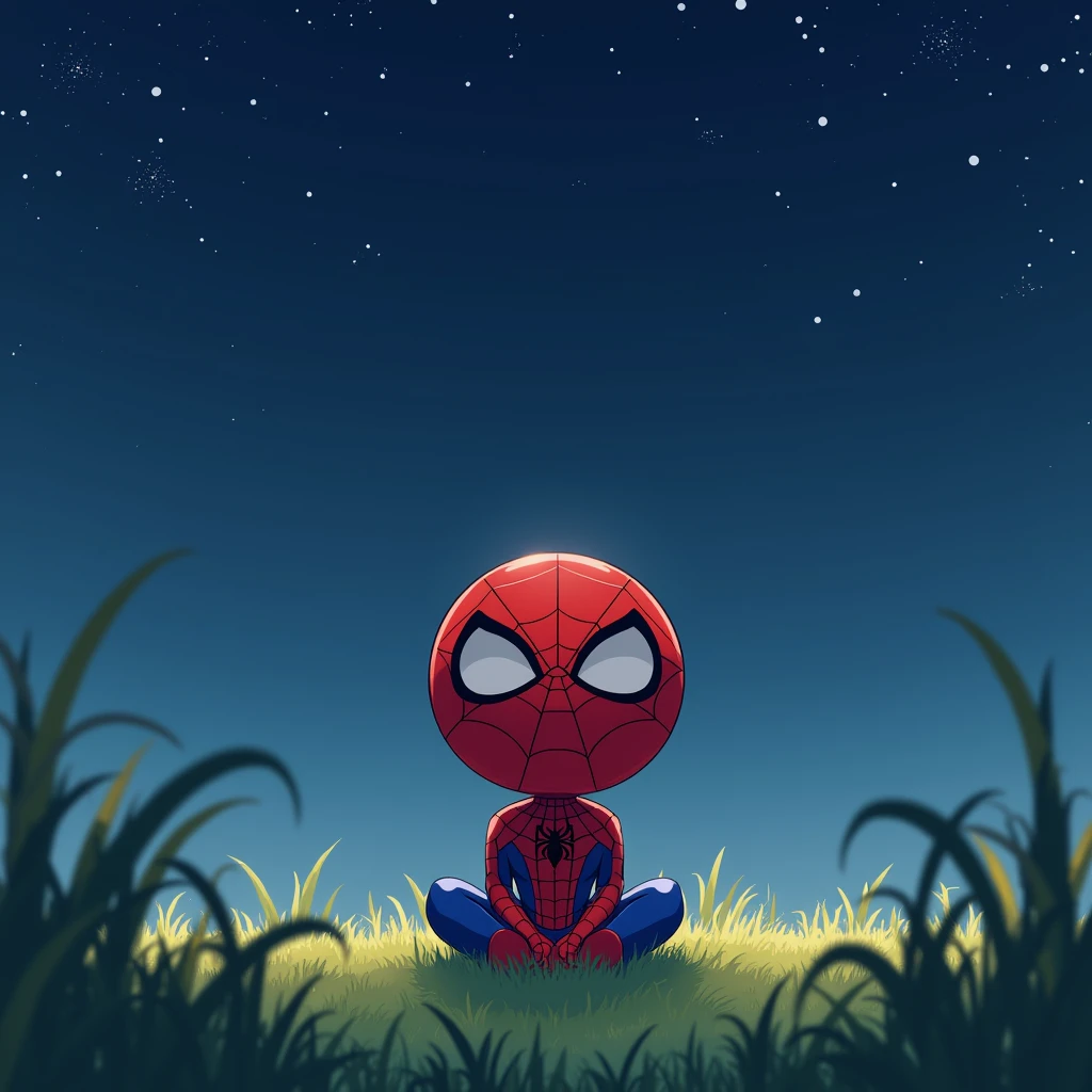 (drawing) (anime) (Spiderman) (cute) (chibi) sitting on a lawn, at night, Looking at the sky, crossed legs, 