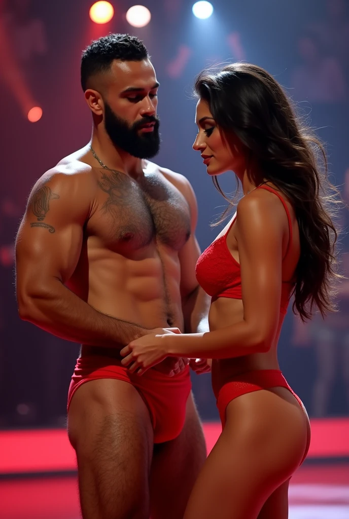 A young Puerto Rican man hairy bearded strong muscular red underwear bulge bulge, having his underwear pulled open examined by a beautiful woman in red panties in front of him, in performance on a stage of a television program presented by a famous presenter.