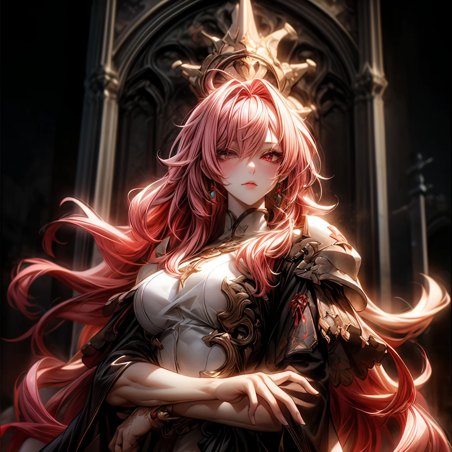 (best quality)), ((Masterpiece)), (details:1.4), 3d, HDR (high dynamic range), an image of a beautiful cyberpunk female, fantasy, Medieval, pink hair, Long hair, Beautiful Red eyes, จมูกโด่ง, ปากแดง, หน้าอกใหญ่, nvidia RTX, PBR surface, After processing, Anisotropic filtration,depth of field, Maximum clarity and clarity, multi-layered surface, Subsurface scattering, perfect proportions, 8K raw files, ultra detailed, Perfect proportions, volumetric lighting, soft lighting, Holy Paladin, Heavy Red Armor, Red dress, glossy skin, intricate silver embroidery, Tower background, jewely, ต่างหู, นิ้วมือสมบูรณ์,