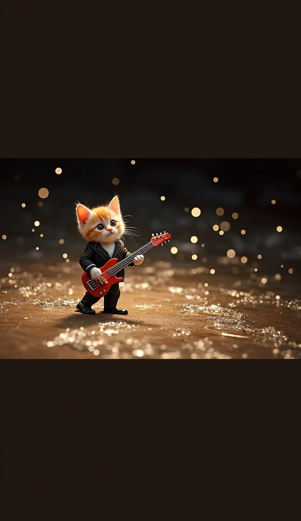 playing the guitar。
Big cute eyes, Human expression。A small kitten with a head slightly larger than its body。
Wear a suit。Shiny texture。
Seascape。