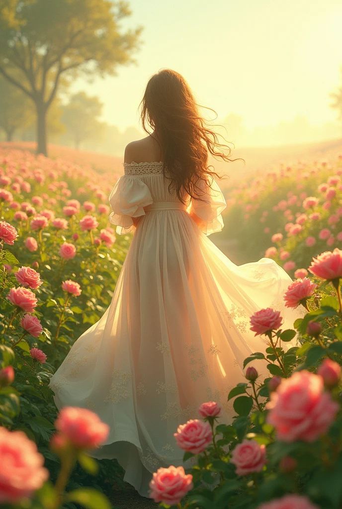 woman with Long hair, wearing long skirt, floral blanket in a field of pink rose flowers, warm sun.
