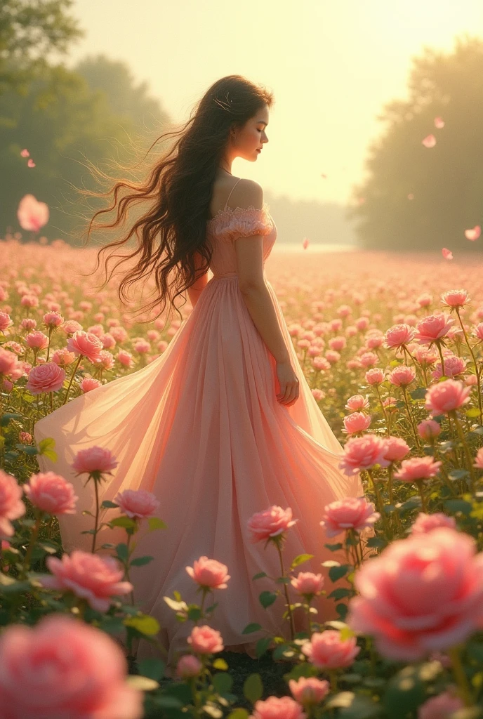 woman with Long hair, wearing long skirt, floral blanket in a field of pink rose flowers, warm sun.