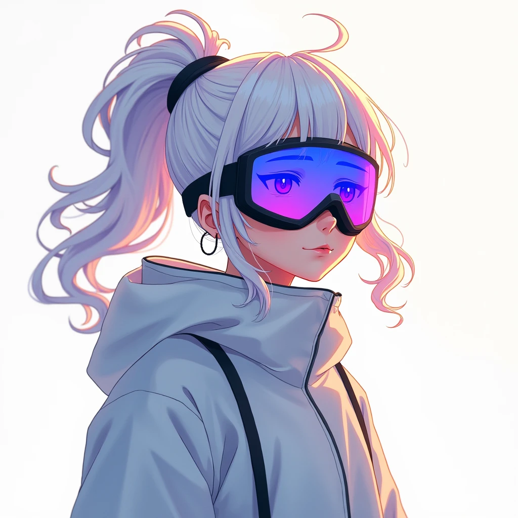 masterpiece, Best image quality, Extremely vivid, Anime girl with curly ponytail, 娇small身材, White functional coat, small, Blue-purple gradient ski goggles, Cyberpunk, White hair, Natural casual style, Dynamic posture, Golden Section, Large aperture portrait, Cool colors, Strong visual impact, White space, Light and shadow contrast, Super texture, Sunset afterglow, Ultra-clear pictures, Simple pictures