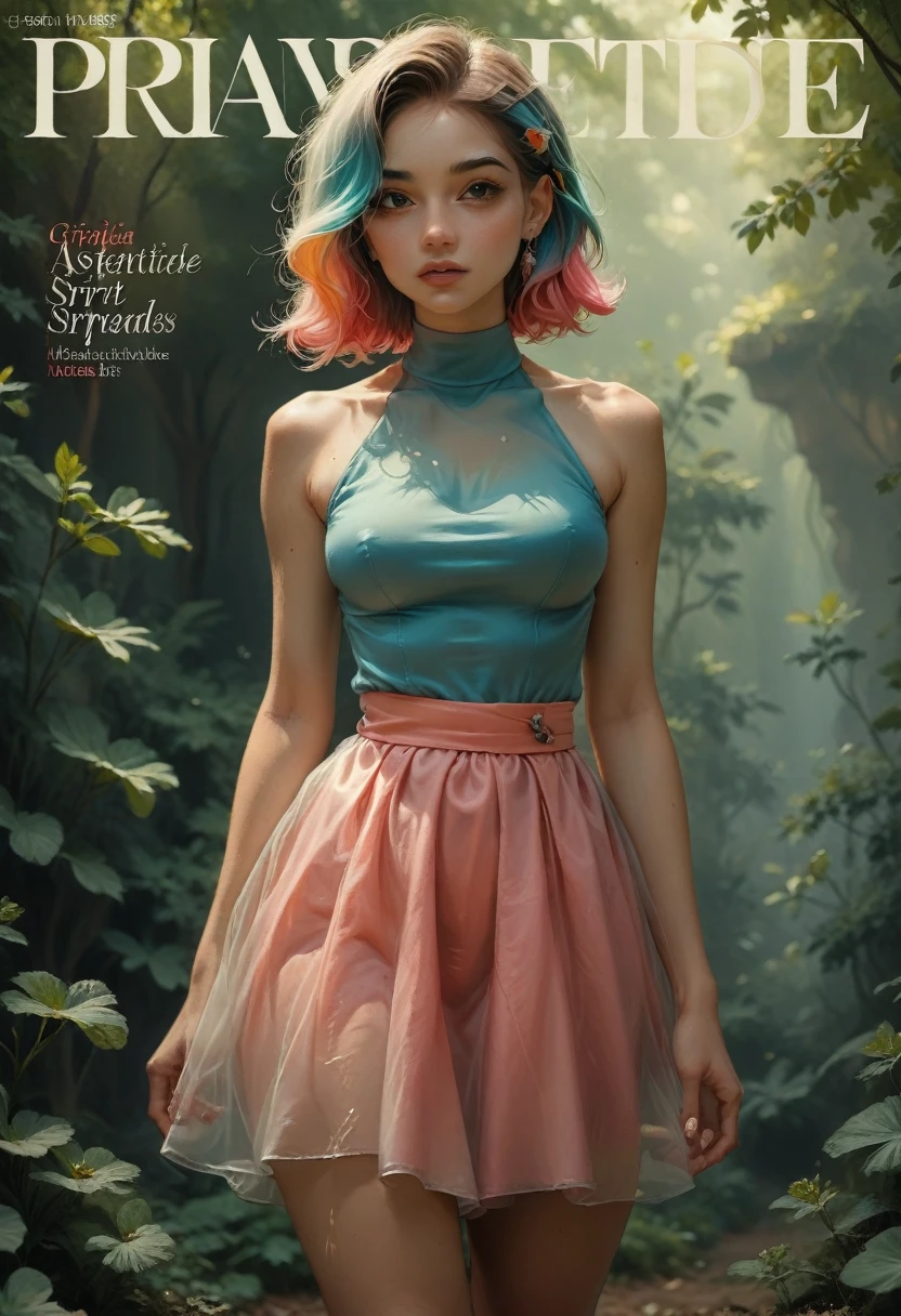 masterpiece, superlative, Spring Dress, dyed hair, Open, magazine cover, Transparent short skirt,, suspender, light tulle, wide hips, thin waist, smooth, soft and tender skin