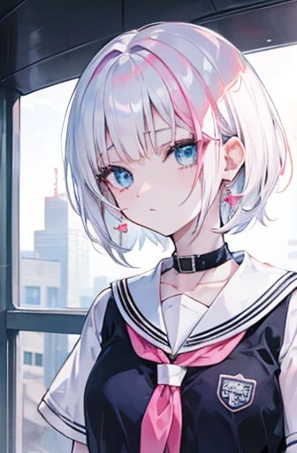 Anime, girl, teenage, short hair, white hair, plae blue eyes, cool, earrings, high school girl, pinkish white skin, cigarette,