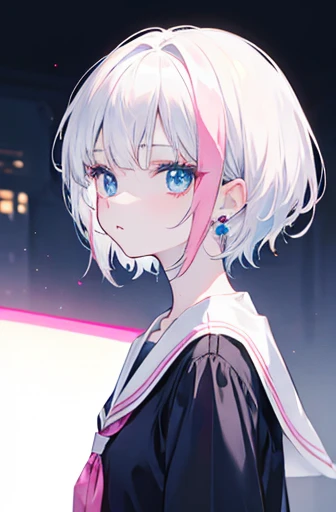 Anime, girl, teenage, short hair, white hair, plae blue eyes, cool, earrings, high school girl, pinkish white skin, cigarette,