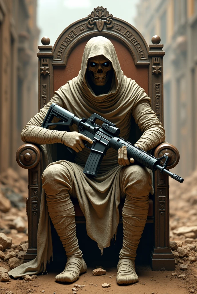 Realistic mummy,holding m416 sitting on his throne, behind erangel