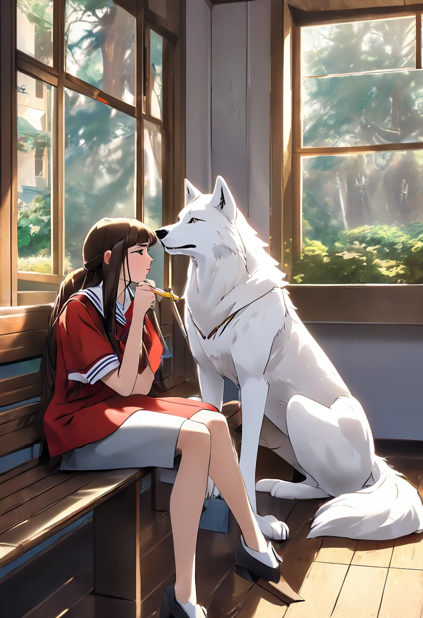 A white man in school uniform holding a pen in his mouth sitting on a bench in the classroom looking at a white wolf girl outside the window. The two wolves stare at each other.