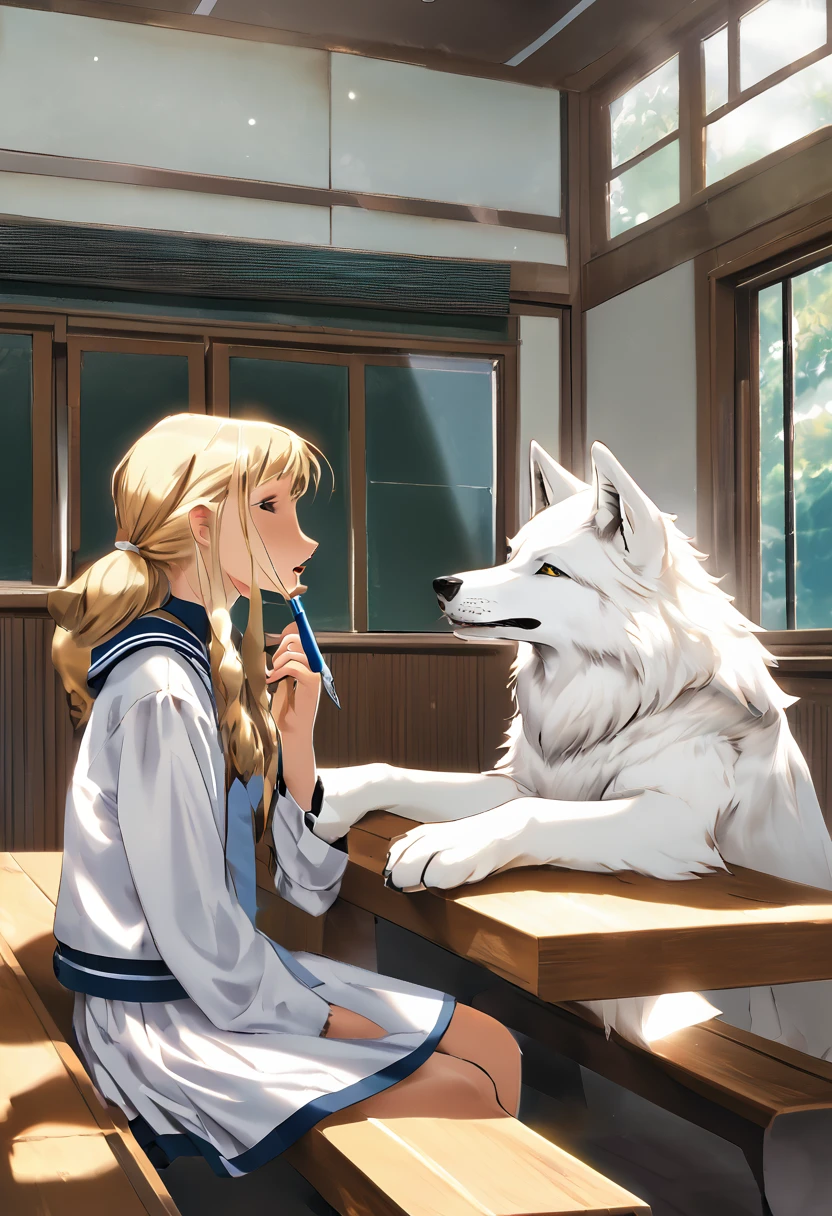 A white man in school uniform holding a pen in his mouth sitting on a bench in the classroom looking at a white wolf girl outside the window. The two wolves stare at each other.