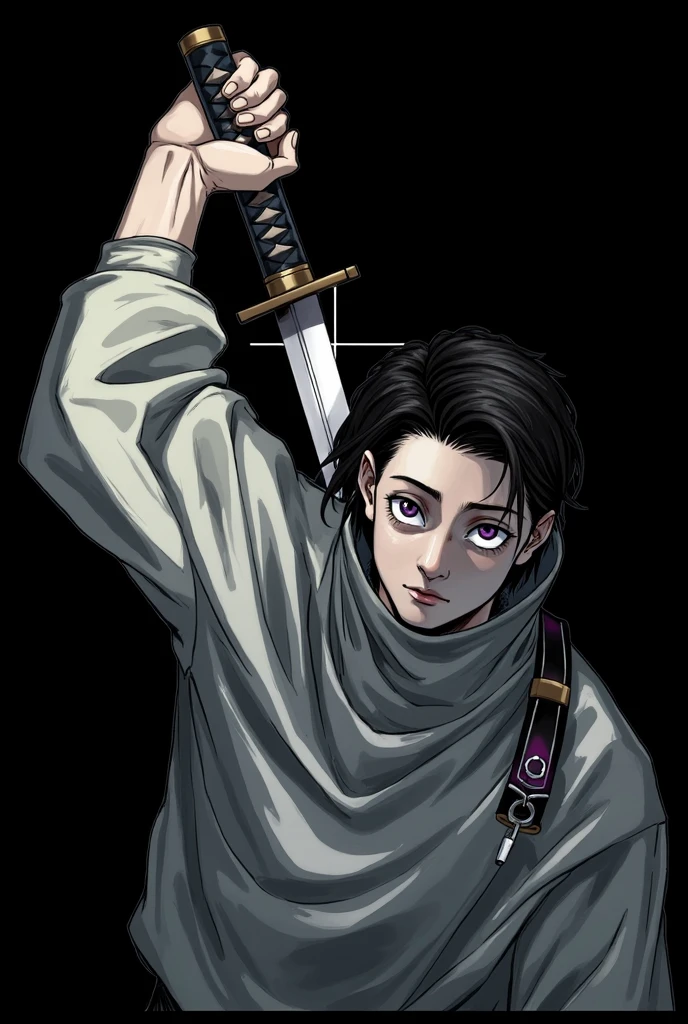 anime style, 16K, a high resolution, Best quality, high quality, super detailing, high detail, accurate, masterpiece, uhd, 1male, teenager boy, violet pupils, wide white turtleneck, violet hair, short hair, slicked back hair, killing calm look, black and violet katana on back, hold katana, look at the viewer, pouches under the eyes,