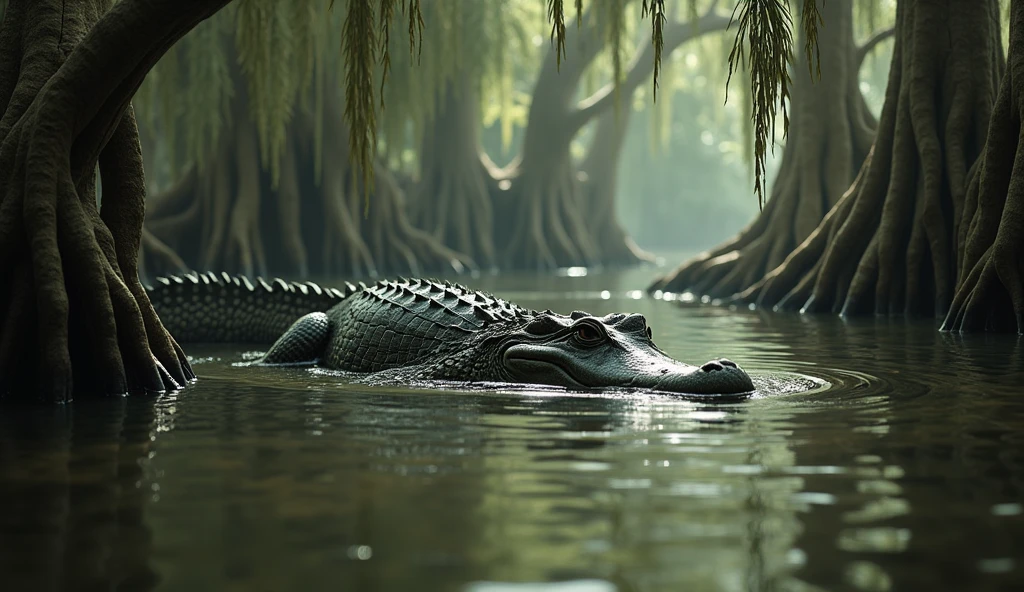 an alligator is swimming stealthily through the Louisiana bayou, the alligator is submerged and is barely visible above the water