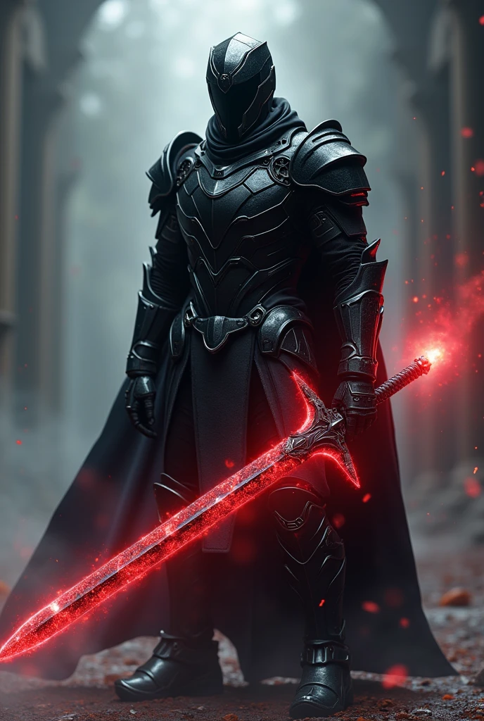 The knight wore high-tech black armor and a helmet, and was swinging his sword emitting a black and red aura
