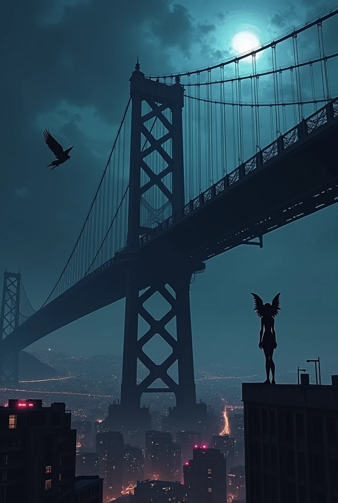 The image is anime style cowboy bebop and Darker than black with shadows and dim lights, anime style although somewhat adult and dark, It shows a huge city with a huge bridge that goes to the sky.. High up and far away, over the bridge, A female angel is seen flying naked
