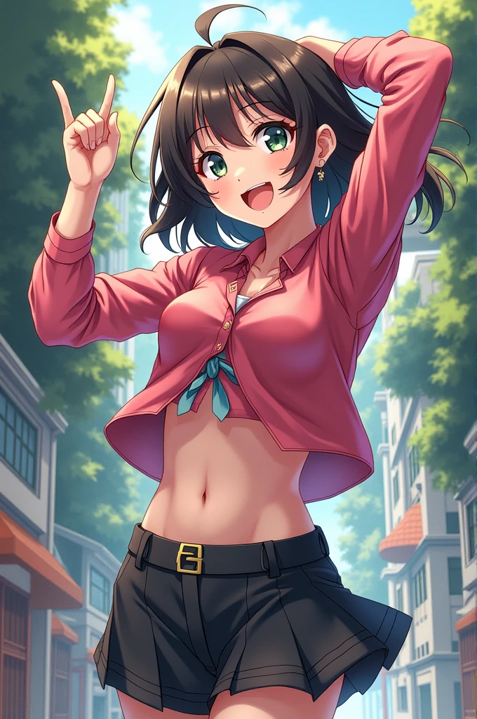 Hinano Kurahashi in Assassination Classroom style who shows off her armpits while raising an arm
