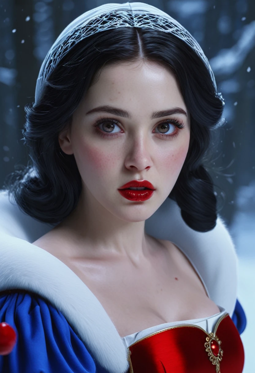 a snow white girl,  hyper realistic, 1girl, beautiful detailed eyes, beautiful detailed red lips like blood, her skin white as snow, extremely detailed face, long eyelashes, cinematic lighting, photorealistic, 8k, (best quality, 4k, 8k, highres, masterpiece:1.2), ultra-detailed, (realistic, photorealistic, photo-realistic:1.37), sharp focus, physically-based rendering, professional
