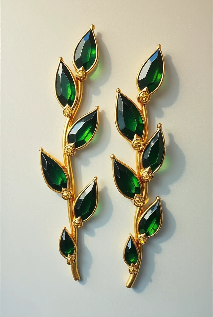 Acrylic painting where earrings are painted. Stem made of gold and 3 leaves outlined in gold from green stones, the stones are small, the stones are facing upwards , 3 stones around the stem made of gold instead of leaves 3 green stones of angular shapes


