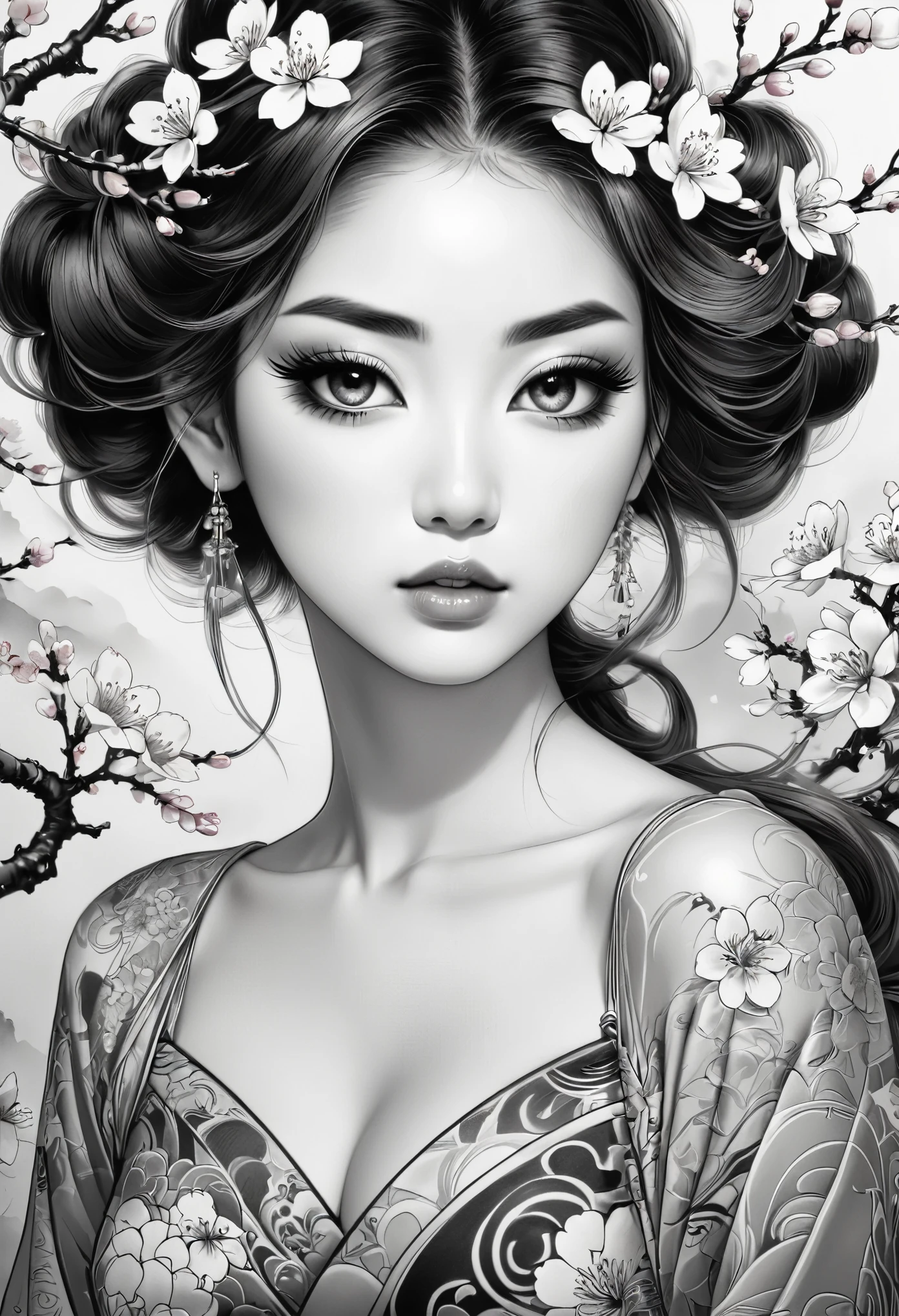 (best qualityer,4K,8k,high resolution,work of art:1.2),ultra detali,black andwhite,Ink Ink,Japanese tattoo,beautiful detailed eyes,beautiful detailed lips,extremely detailed eye and face,long eyelashes,fine line work,delicate shading,artistic composition,traditional style,feminine beauty,dynamic pose,elaborate standards,floaty cherry blossoms,Meaningful symbolism,graceful motion,subtle color details,Contrast and depth,soft lighting,impressive visual impact,vivid emotions,serene atmosphere,powerful expression,true-to-life portrayal,Sophisticated aesthetics,unique combination of tradition and modernity,authentic cultural representation