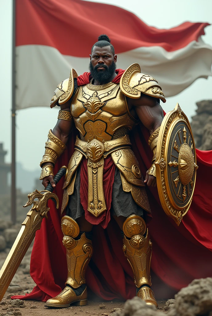 Masterpiece,ultra realistic,32k, intricate details,sharp focus,,realistic,closed, sharp eyes,elegant pose, black eyes, cold expression, realistic, looking at viewer, shiny skin, ancient ruins,gigantic armor, transparent dynamic pose,((GOLDEN BATTLE ARMOR without helmet:1.2)),((heavy armor)),((rune inscription on armor)),full body, bulky body, masculine face,cowboy shot,red cape,((DRAGON SWORD)),((DRAGON SHIELD)),((DIVINE ARMOR)),((GRAND ARMOR)),highly detailed, best quality, ultra high res, photorealistic,raw photo, detail:1.0, behind, a massive Indonesian flag waves proudly with the words 'DIRGAHAYU RI' written in bold.
