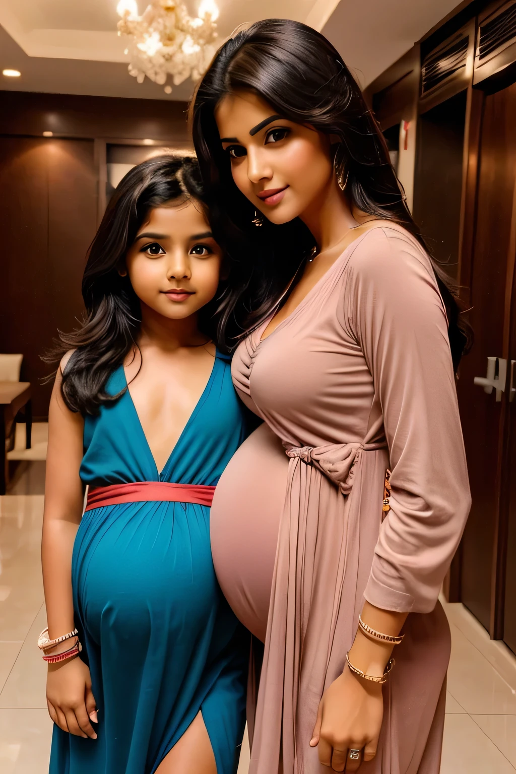 12 years cute beautiful face with hot indian super bowl girl only with his 5 years cute little beautiful baby pic with pregnant with stylish Rose colour modern trending hot sexy dress with hot full size romantic hot moody pic