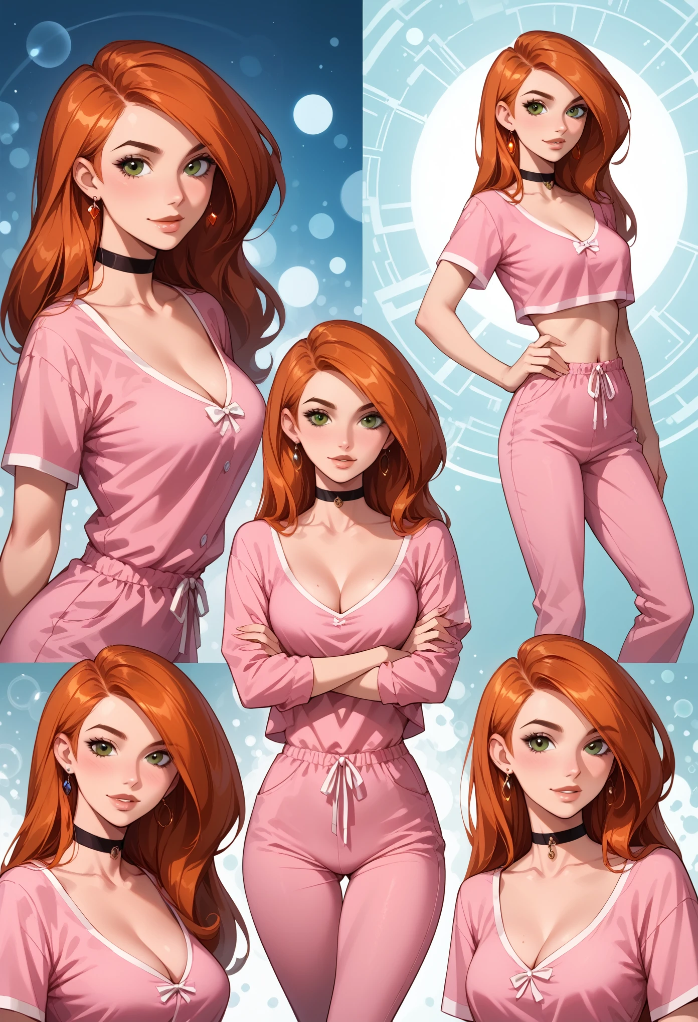 score_9, score_8_up, score_7_up, score_6_up, rating_safe, source_cartoon, BREAK beautiful Kim Possible (orange-red hair:1.1), sexy smirk, BREAK sexy pink pajamas, choker, BREAK dimly lit bedroom, model poses, shallow depth of field, BREAK highly detailed, bokeh, moody, epic, gorgeous, grainy, BREAK (ultra-detailed), (best illustration), (best shadow), (absurdres), (detailed background), (very aesthetic).