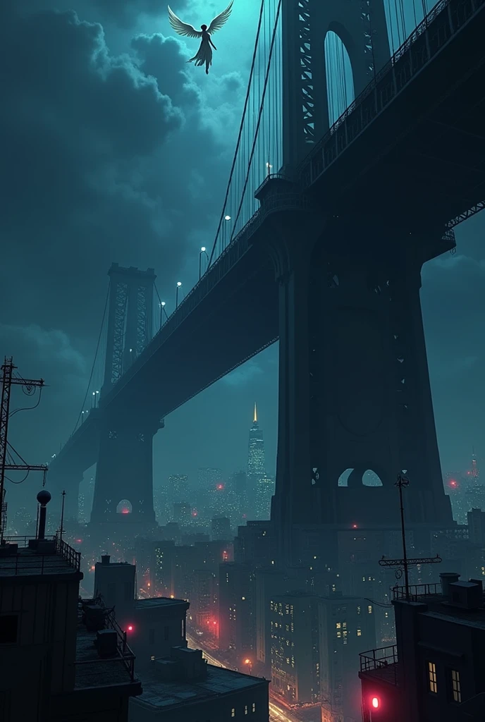 The image is anime style cowboy bebop and Darker than black with shadows and dim lights, anime style although somewhat adult and dark, It shows a huge city with a huge bridge that goes to the sky.. High up and far away, over the bridge, A female angel is seen flying naked