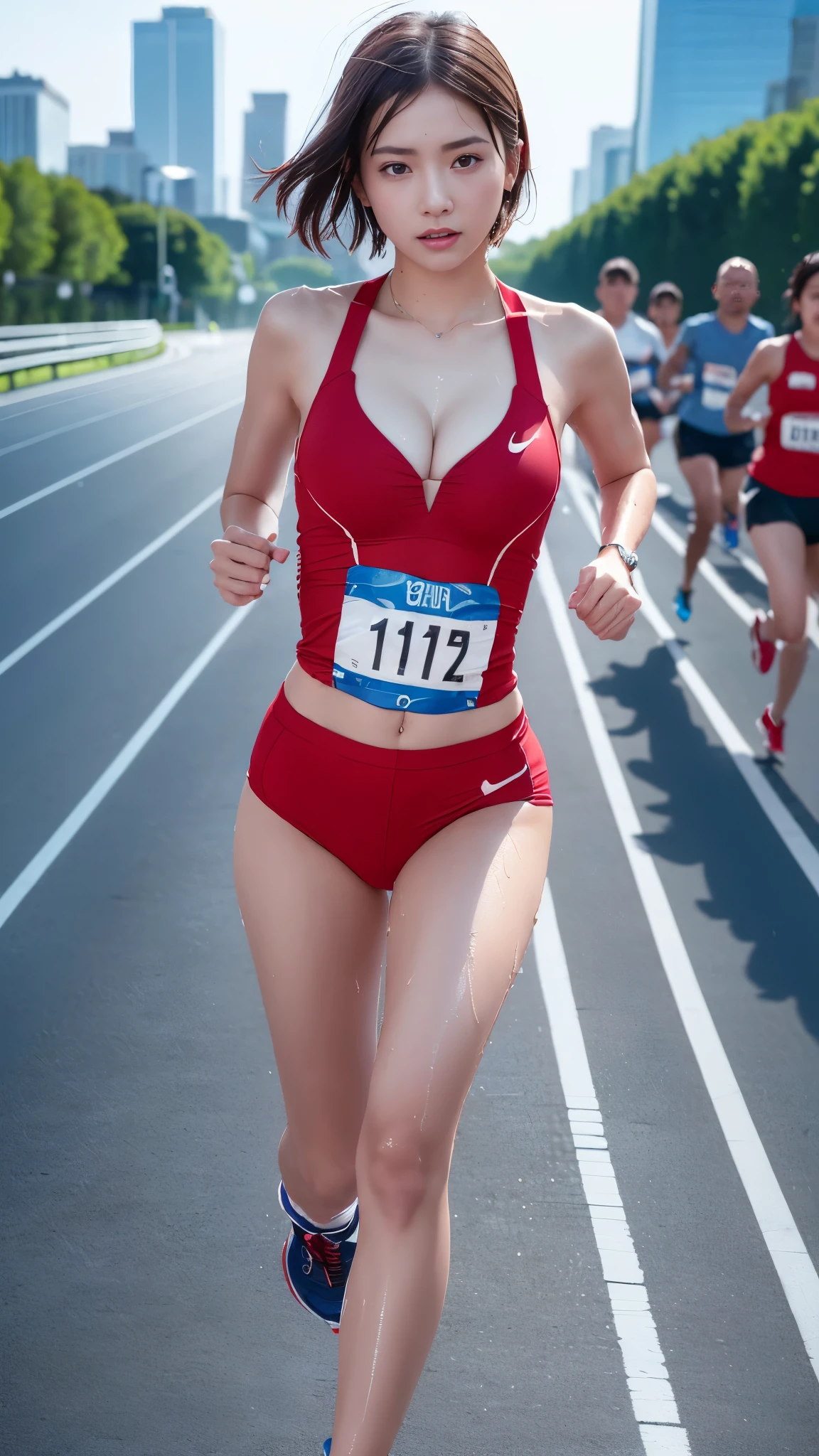 8k、Ultra-high resolution、Highest quality、masterpiece、Realistic、Ultra-high resolution、High-definition RAW color photos、Professional photos、real、photo realistic、(Always big breasts、Definitely a pretty big bust、cleavage)、Vivid lighting、Natural skin texture、Fine skin、Hyperrealism、Intricate details、Depth of written boundary、Adult women、masterpiece、Highest quality、High Detail、Eye highlights、Lip gloss、((Serious expression、((Very Short Hair))、Marathon runner、Streets of skyscrapers,Drive in the center of the road、Dark gray separate uniform for track and field athletes、redSports Bloomers、(Full body running pose):1.5))、running shoes、((running、Must-have red high leg bloomers for competitions,Crowds along the road,Lots of runners:1.6)),(athletic female,running,Sprinting,((flat chested,small breasts)),wet clothes,sweating,Erect nipples:1.3)
