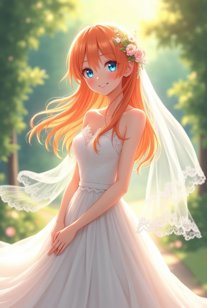 a girl about 20 years old. She has orange hair, sparkling blue eyes, wearing a white wedding dress, she is the bride. anime character